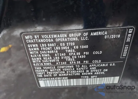 2018 Volkswagen Atlas 3.6L V6 Se from USA, damaged, VIN 1V2KR2CA6JC551689